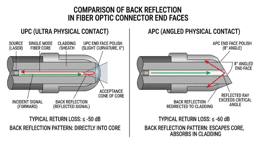 APC vs UPC return loss and back reflection diagram APC vs UPC return loss and back reflection diagram