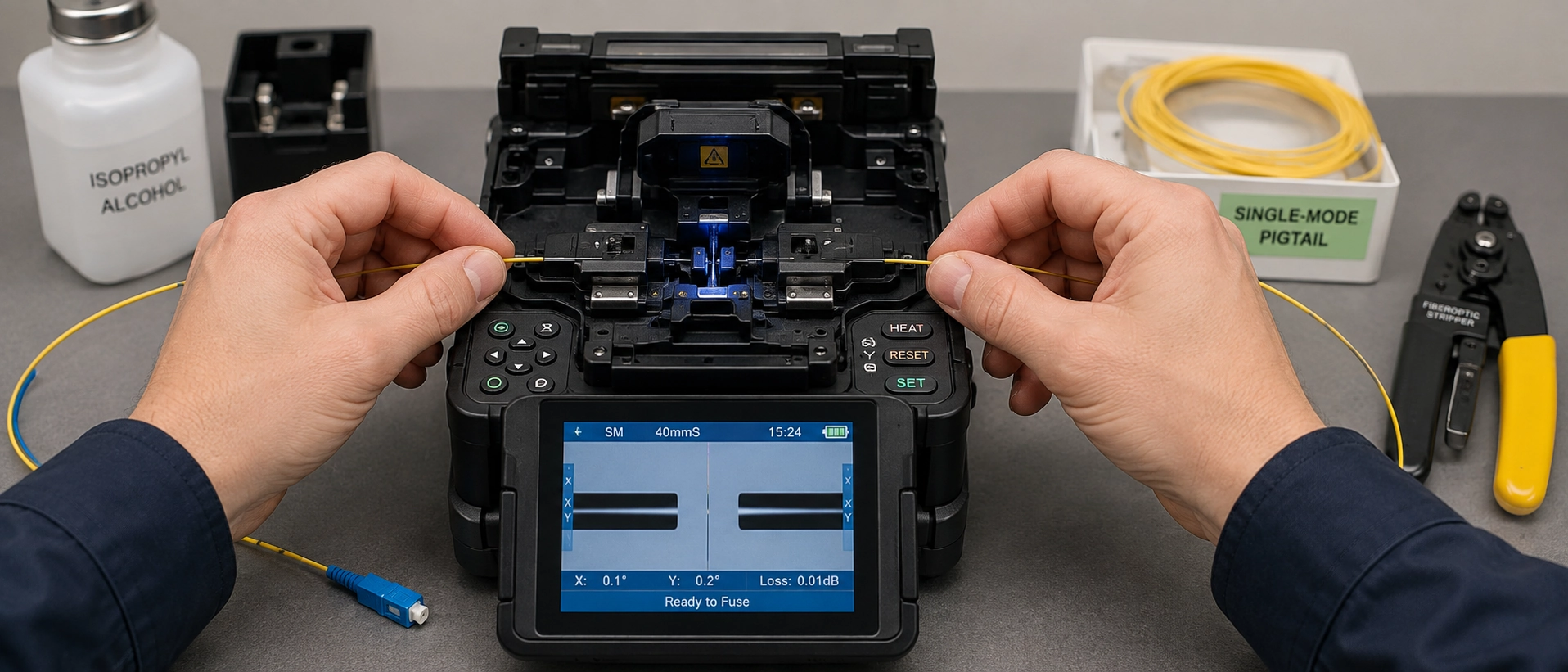 Technician aligning single-mode optical fiber in fusion splicer machine during pigtail splicing process